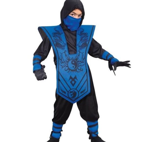 NEW 7pc Boys Complete Blue Ninja Halloween Costume W/ 5pc Ninja Knife Backpack - Picture 2 of 6